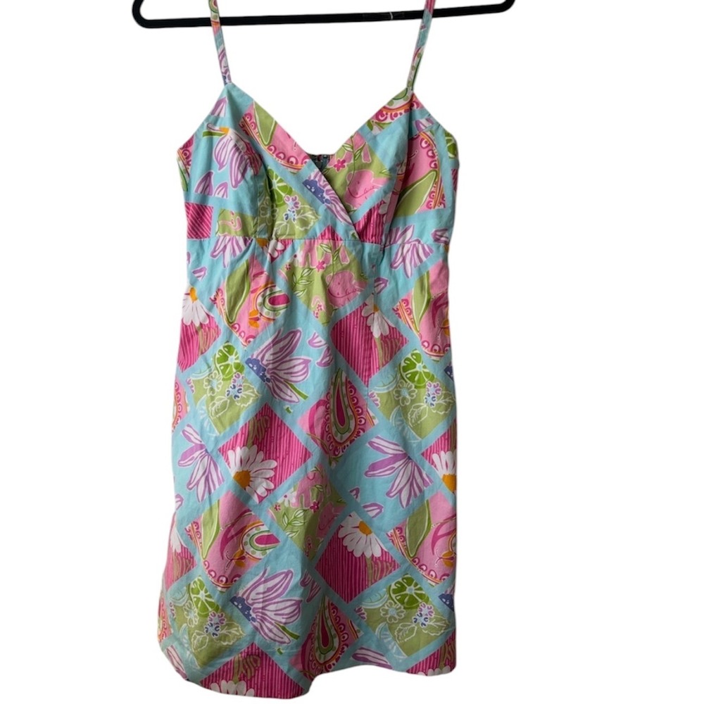 VTG Lilly Pulitzer Sleeveless Floral Patchwork V Neck Dress Pink Blue Green 8